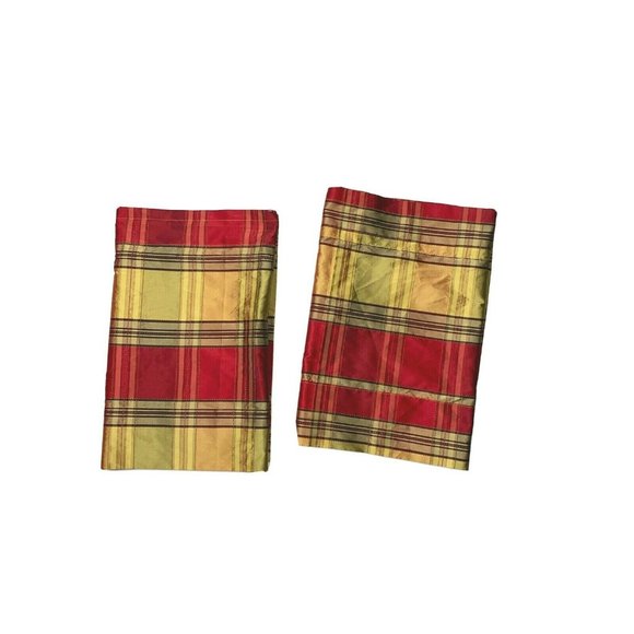 2 Custom Made Beautiful Plaid Valances Curtains Red Gold Green Faux Silk Pattern - Picture 1 of 4